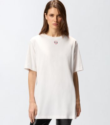 Μακρύ oversize t-shirt με στάμπα και κέντημα - Λευκό