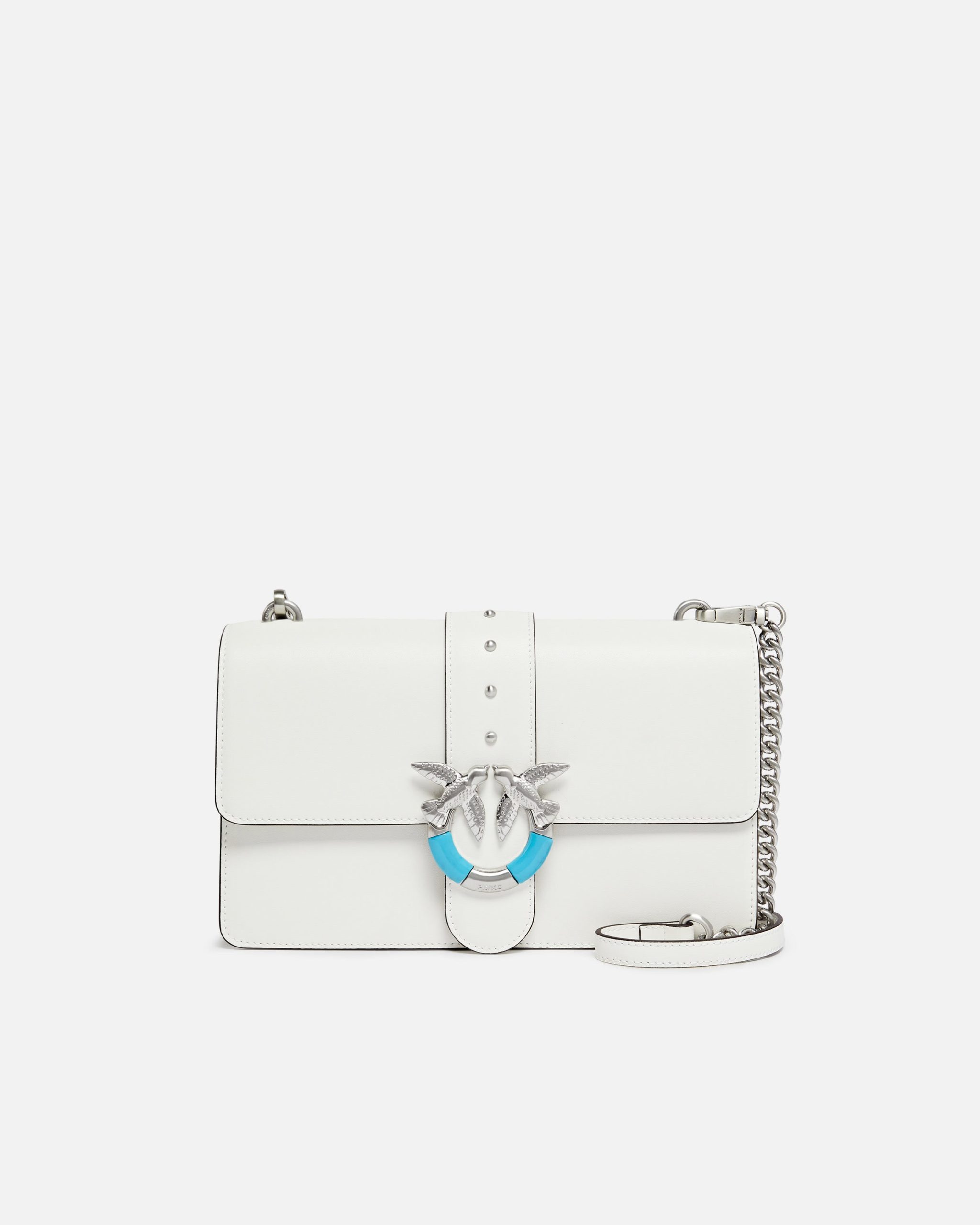 Δερμάτινη τσάντα ώμου μεσαίου μεγέθους Love Bag One με τιρκουάζ αγκράφα - Λευκό