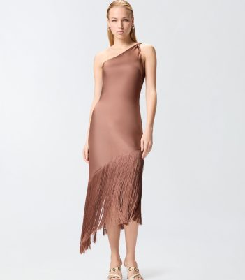 Κοντό σατέν φόρεμα με έναν ώμο και κρόσσια - Πορτοκαλί