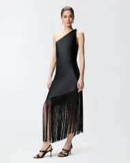 Κοντό σατέν φόρεμα με έναν ώμο και κρόσσια - Image 3