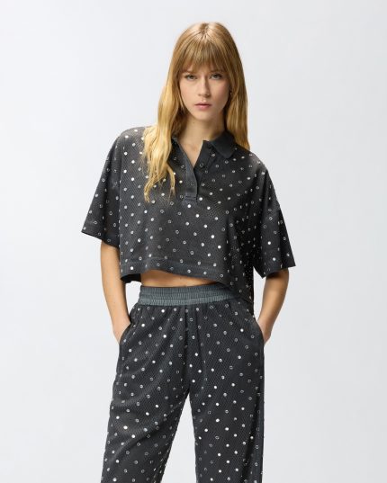 Διχτυωτό cropped πόλο με καθρεφτάκια - Σκούρο γκρι