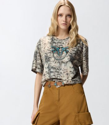 Cropped t-shirt με μοτίβο φιδιού και στάμπα Love Birds - Πολύχρωμο Μπεζ-Μαύρο