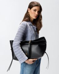Pinko Δερμάτινη Τσάντα Shopper με Μεταλλικές Λεπτομέρειες - Μαύρο