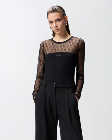 Pinko Ζέρσεϊ Μπλούζα με Δαντέλα Love Birds - Μαύρο